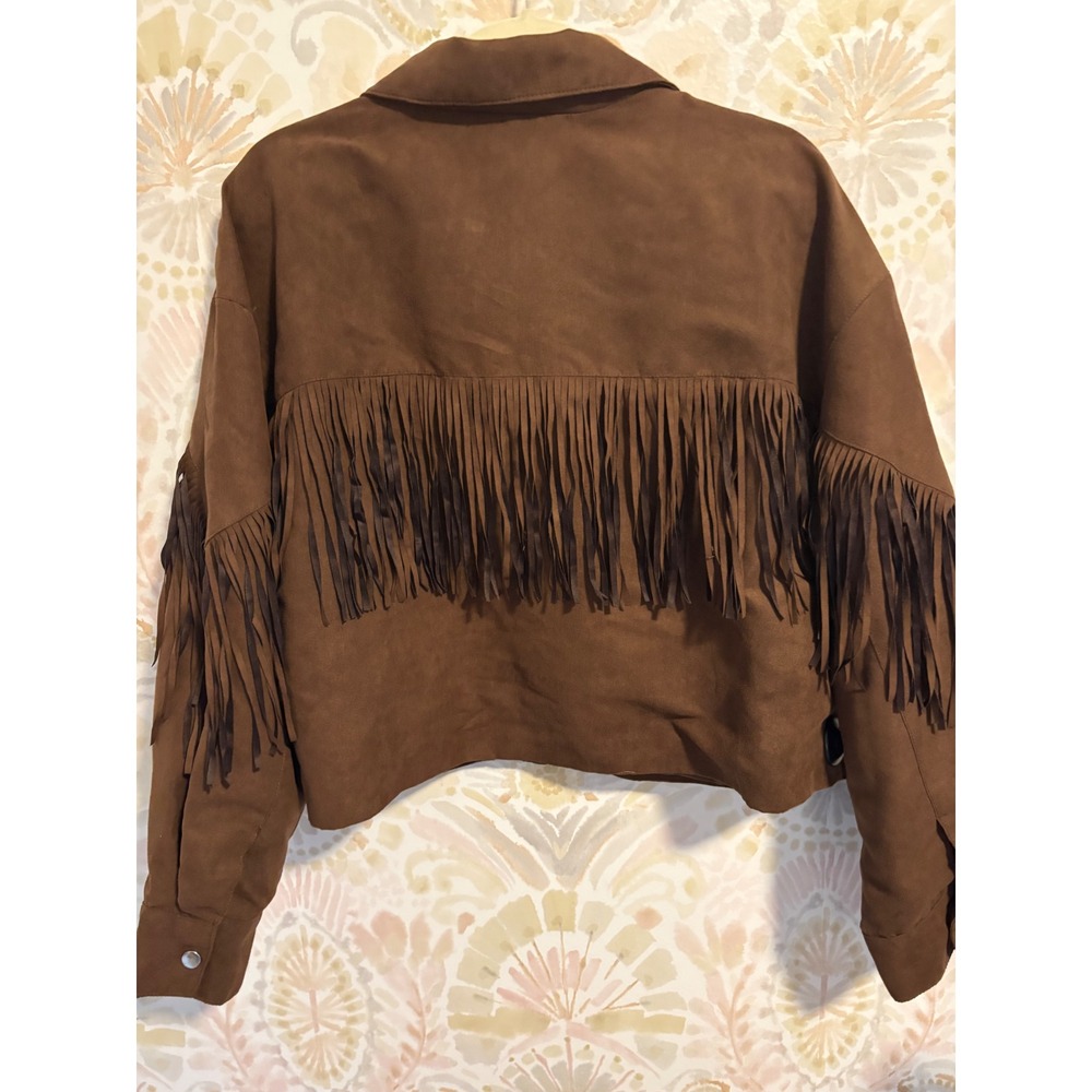 H&M Divided Brown Faux Suede Fringe Western Jacket Womens XL Cropped Snap Front - Picture 3 of 6